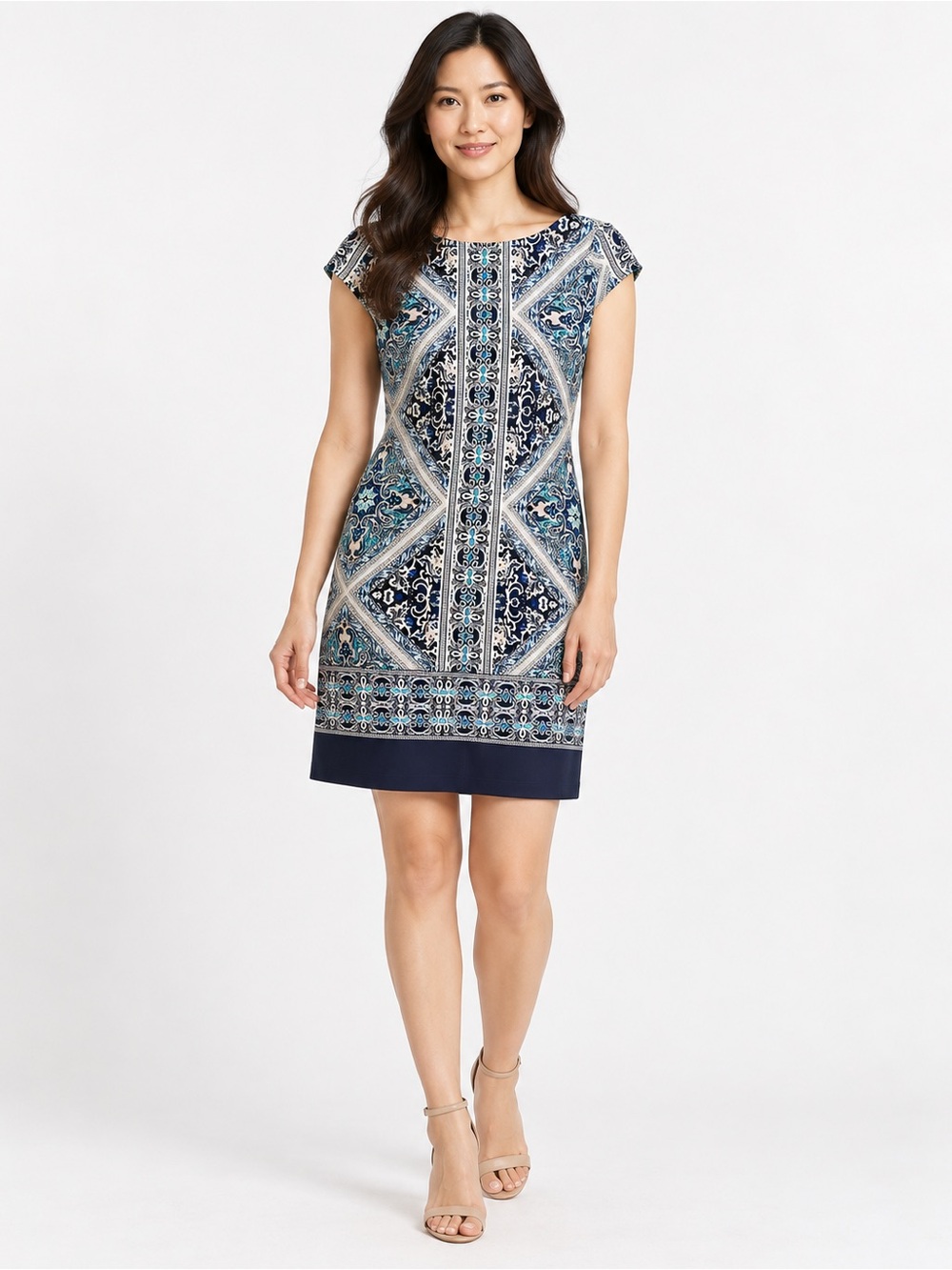 Tiana B Size 6 Blue Teal Paisley Scuba Knit Shift Dress